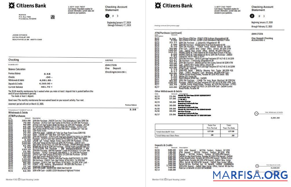 Printable USA Citizens bank statement word (4 pages) real example